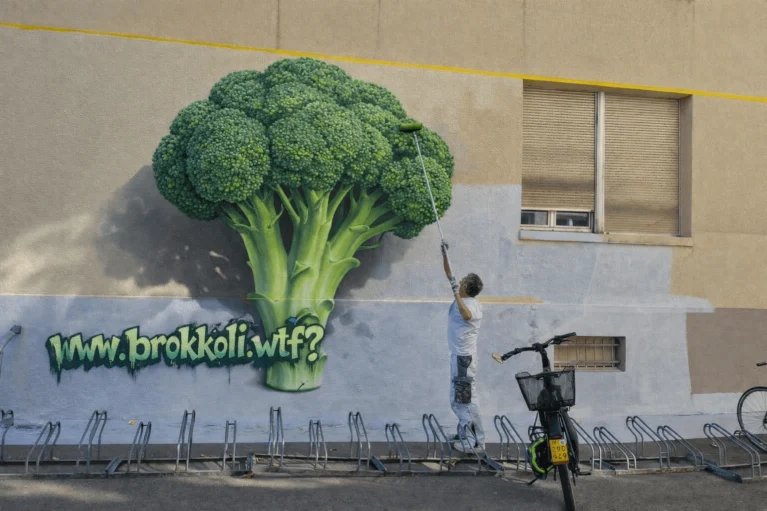 Ein Maler macht ein Brokkoli Graffiti an die Hauswand von Streuplan - www.brokkoli.wtf